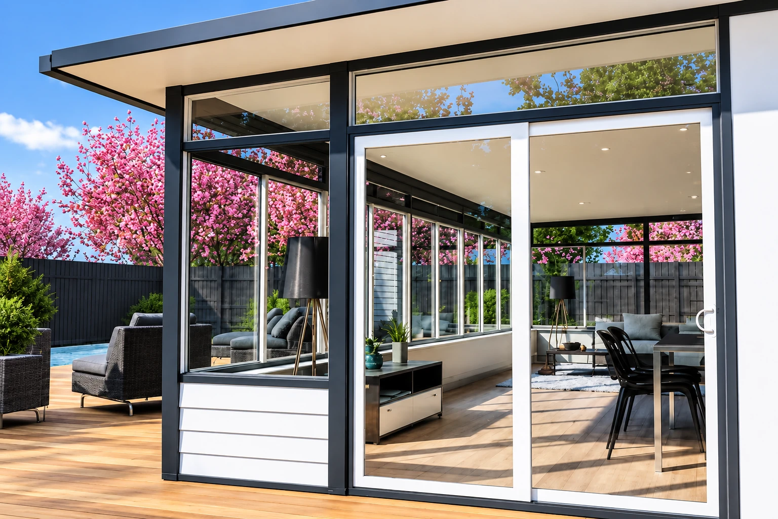 Modern all-season sunroom with black-framed glass walls, white sliding panels, and a wood deck beneath pink flowering trees.