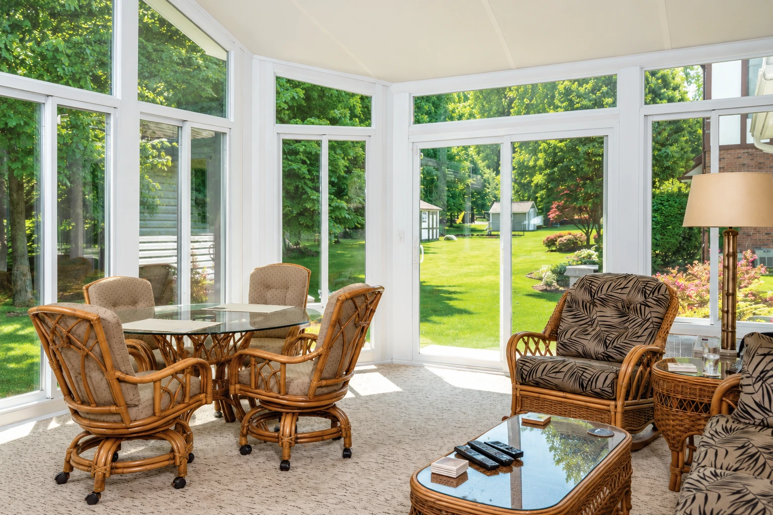 A bright sunroom with white-framed windows has wicker dining and lounge furniture overlooking a green garden.