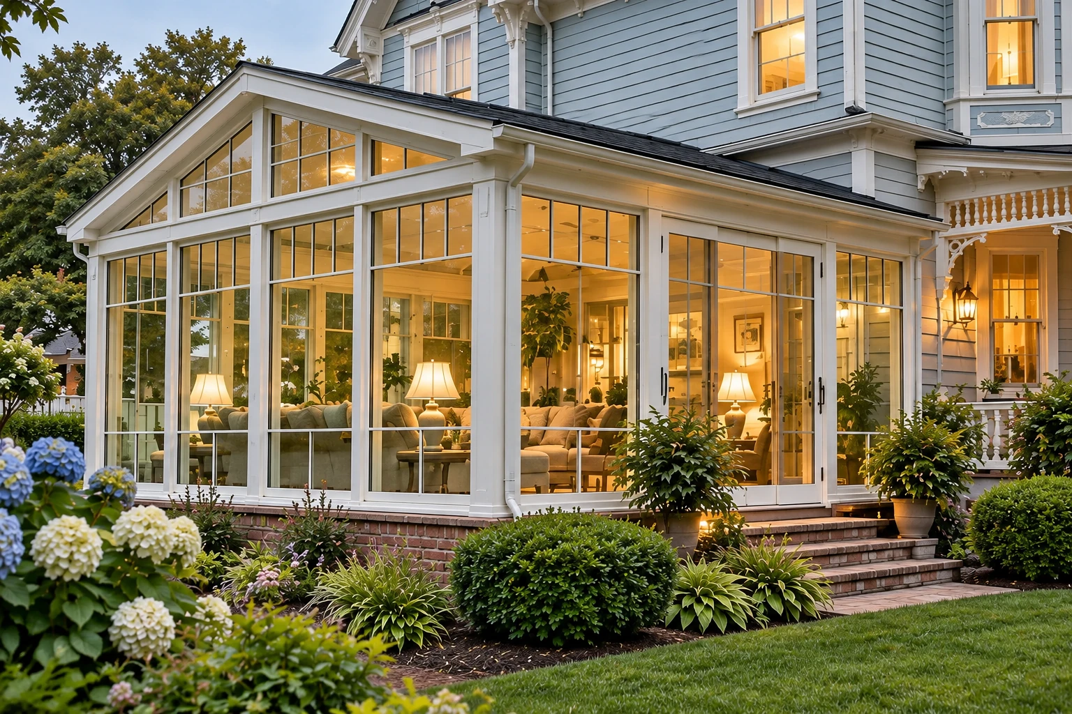A custom sunroom with white-framed windows and a gabled roof glows warmly beside a blue house and landscaped garden.