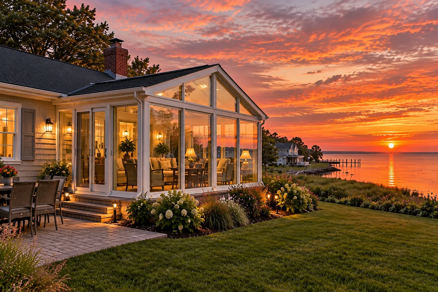 White-framed custom sunroom glows at sunset beside a waterfront lawn and patio.