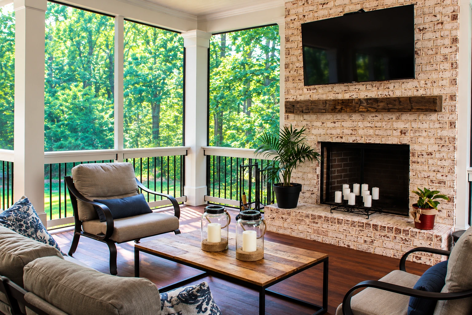 A furnished enclosed deck with forest views, a brick fireplace, and a wall-mounted television.