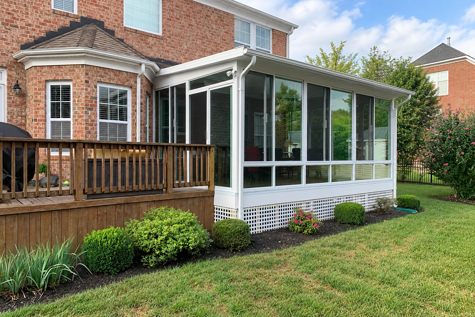 A white-framed glass sunroom extends from a brick house beside an existing wooden deck, with lawn and shrubs in front.