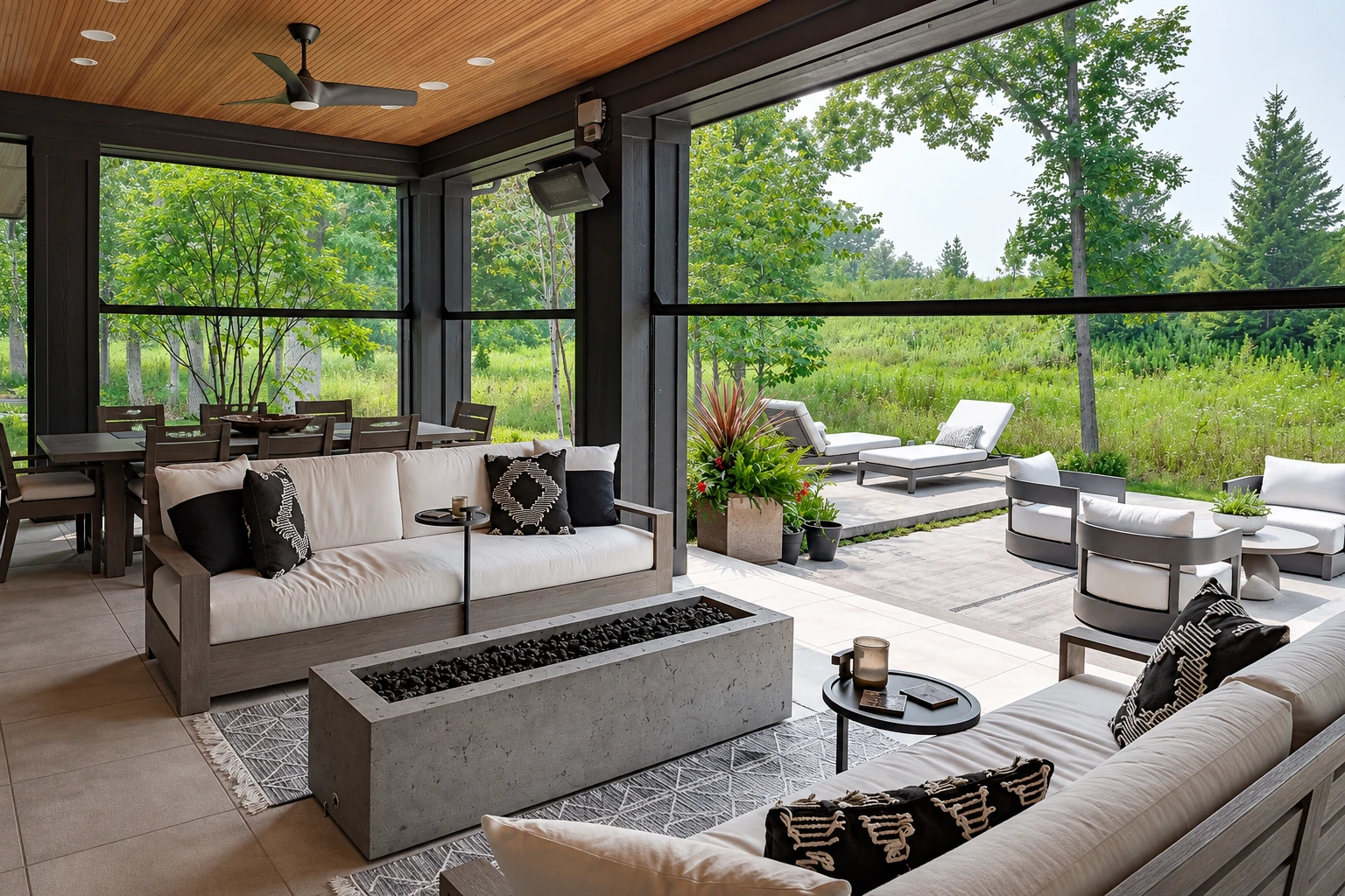 Enclosed patio room with a timber ceiling, glass walls, cushioned seating, and an outdoor lounge area beyond.