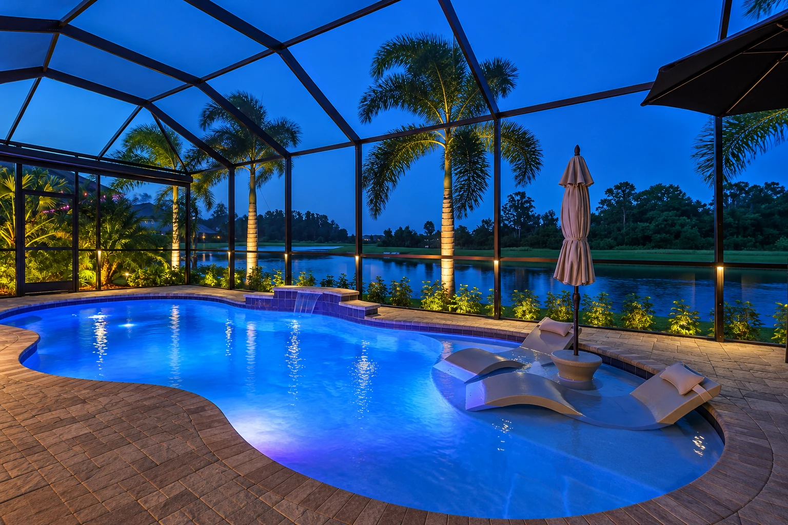 Screen-enclosed pool patio at dusk, with a peaked roof, palm trees, blue-lit water, and lounge chairs.