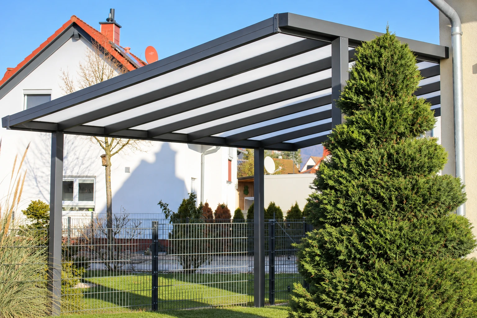Patio cover with a dark metal frame and translucent roof panels beside a fenced garden.