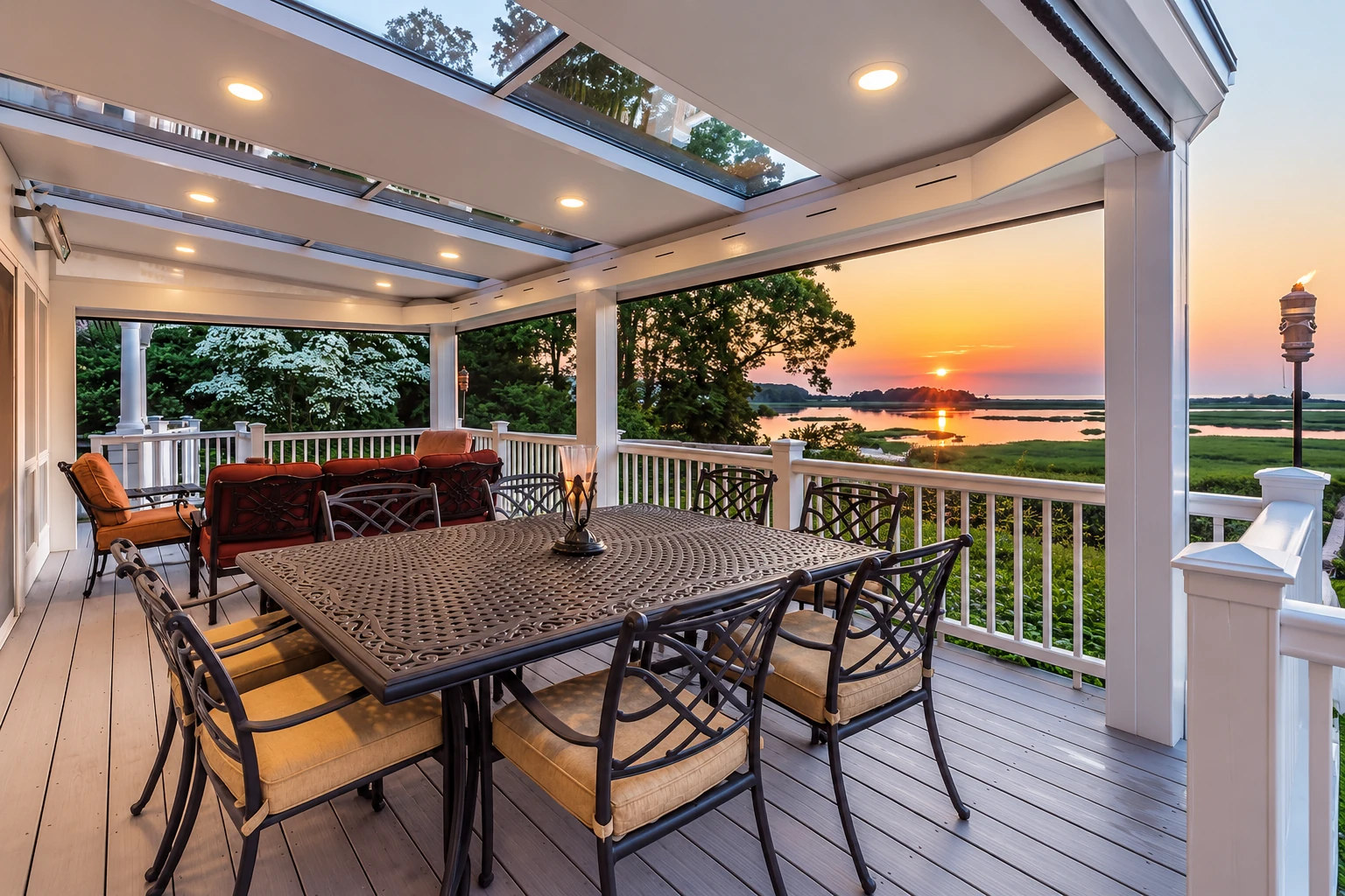 A covered patio enclosure with glass roof panels, dining furniture, and white railings overlooks a sunset-lit marsh.