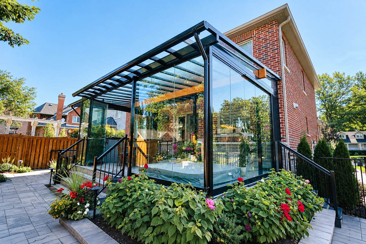 A glass patio enclosure with a dark metal frame and clear roof stands beside a brick house, surrounded by flowers.