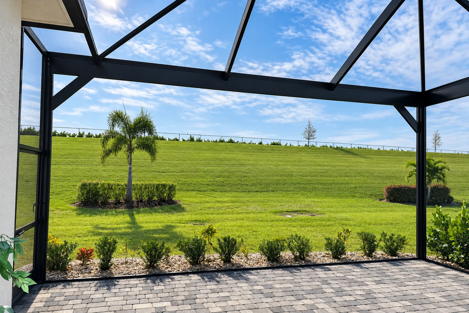A screened patio with a dark metal frame and open view of a landscaped lawn beneath a blue sky.