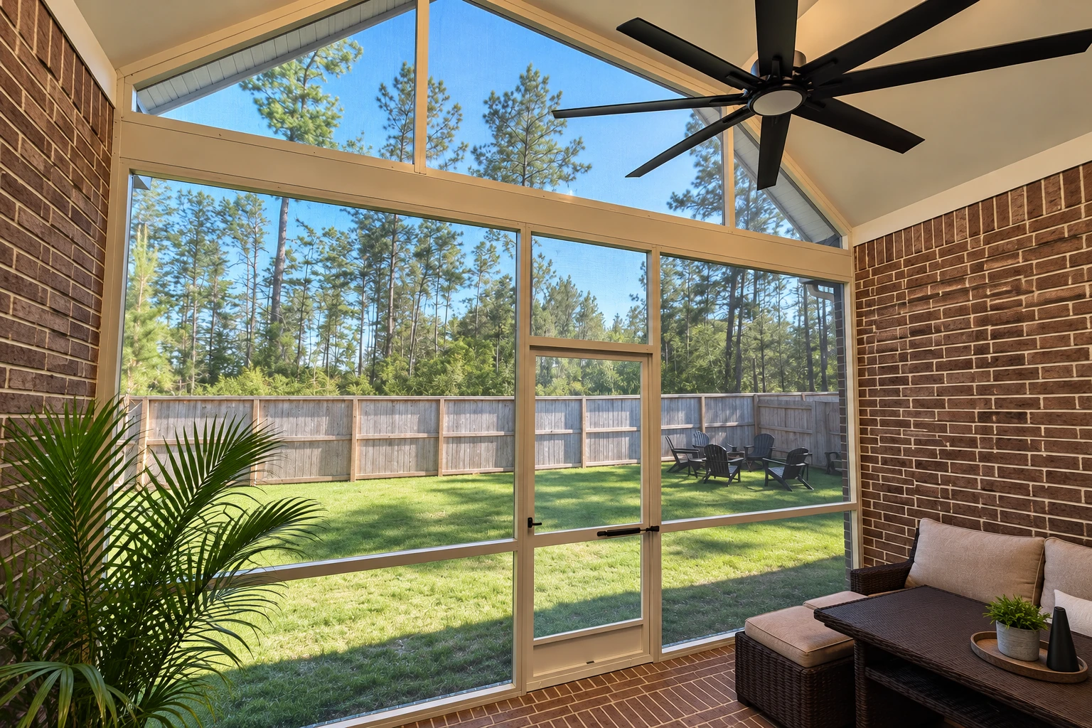 A screened room with a high peaked ceiling, ceiling fan and brick walls opens onto a fenced yard.