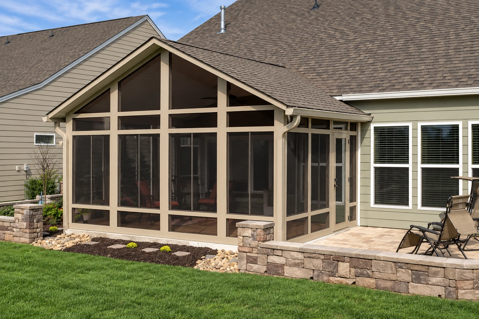 A gabled sunroom addition with tall screened windows extends from a gray house beside a stone patio and lawn.