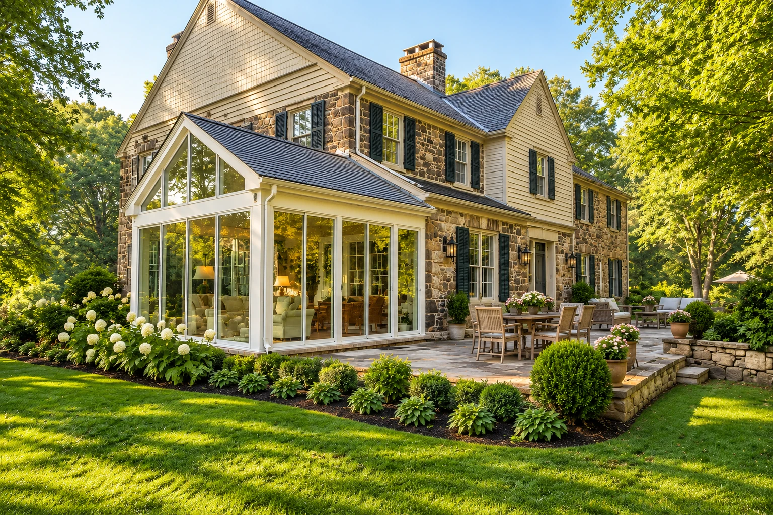 Glass sunroom addition on a stone-and-siding house, opening onto a landscaped stone patio and lawn.