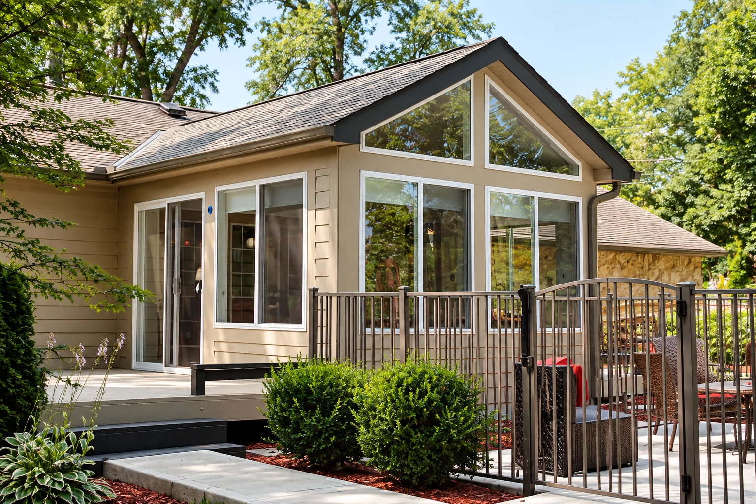 A tan sunroom addition with a high peaked roof, broad windows, and a raised deck beside a fenced patio.
