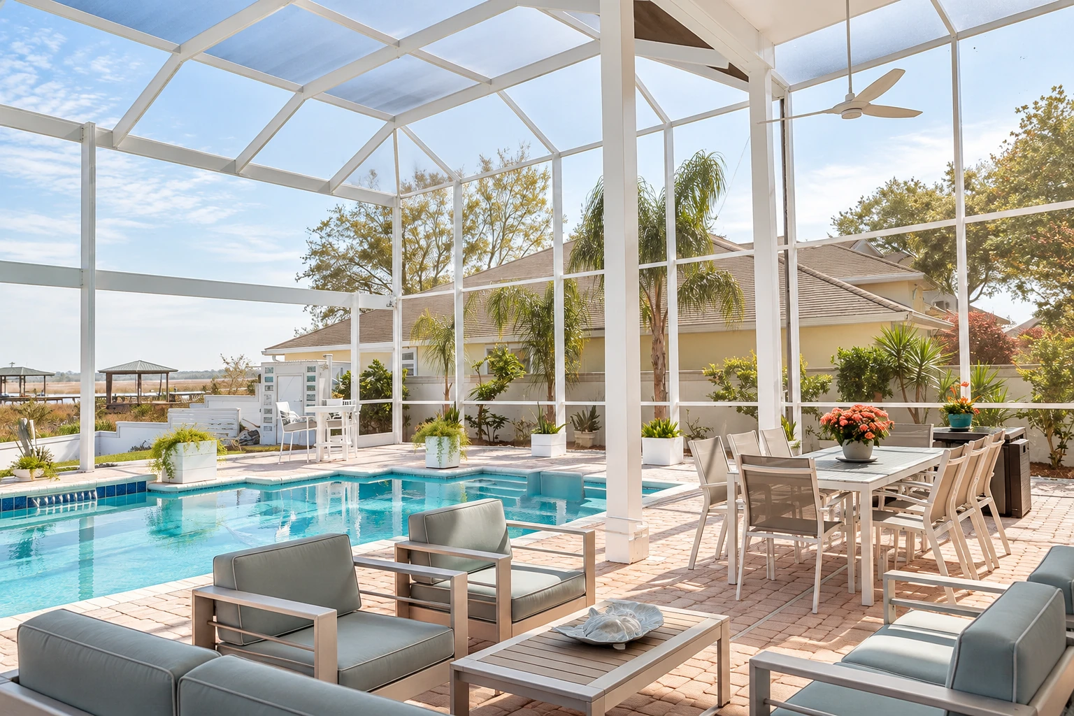 A bright enclosed patio with a white-framed glass roof, pool, lounge seating, and a dining table.
