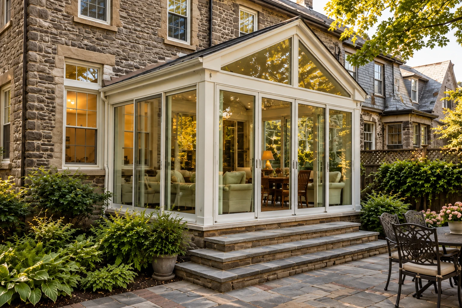 White-framed glass sunroom addition on a stone house, with a peaked roof, broad steps, and garden seating.