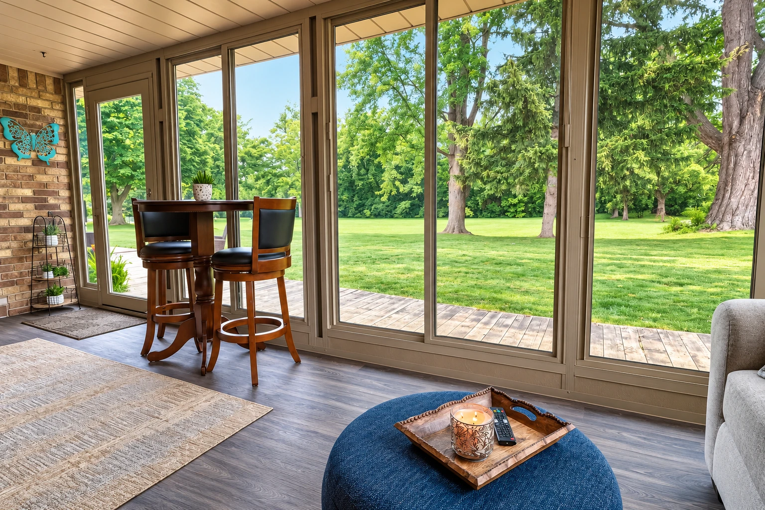 A three-season sunroom with wide windows, a small dining table and chairs overlooking a green lawn and mature trees.
