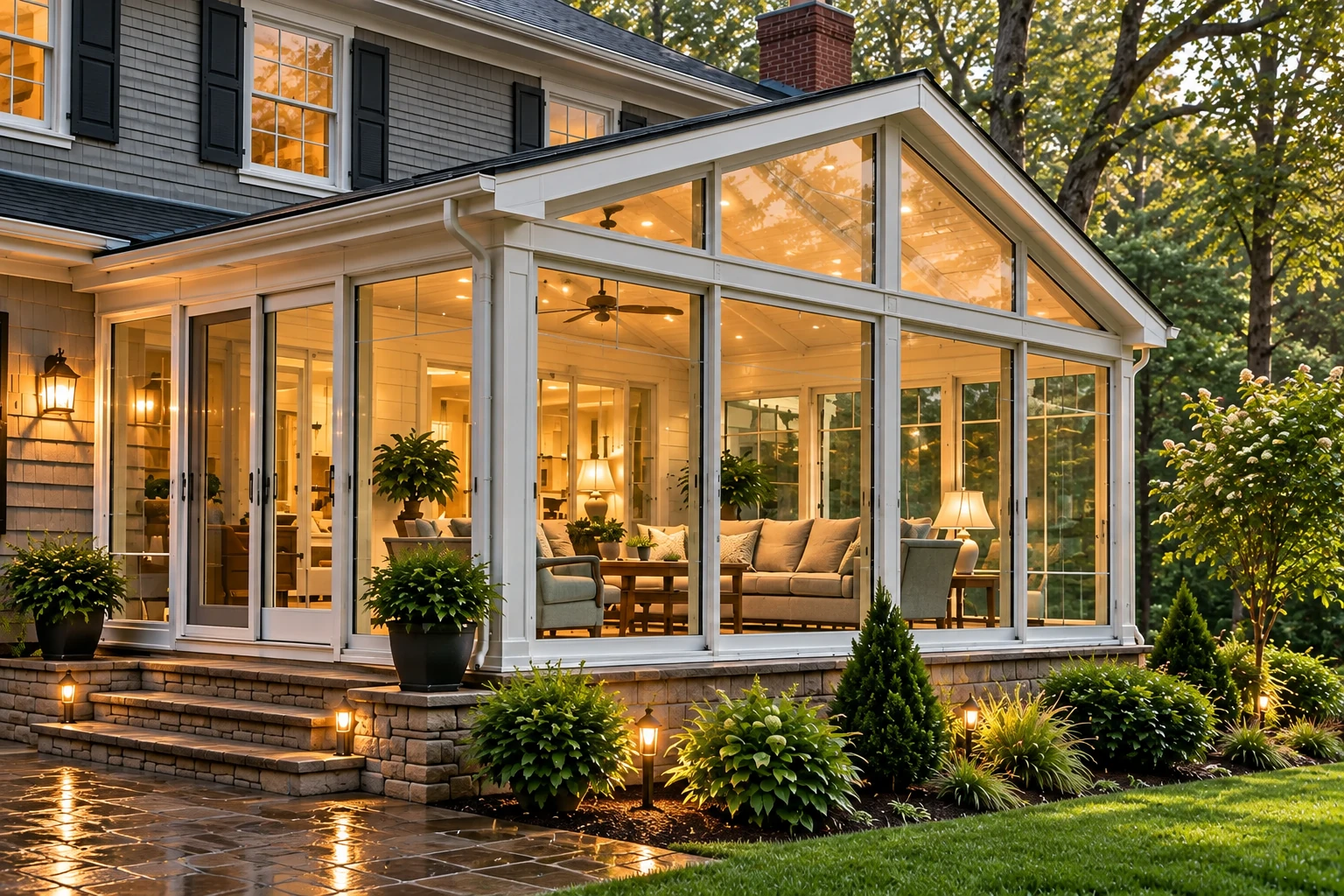 A white-framed glass sunroom addition glows at dusk beside a gray-sided house, with a peaked roof and landscaped stone steps.